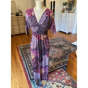 5th & Love Womens Small Paisley Peacock Print Smocked Maxi Dress Burgundy Boho
